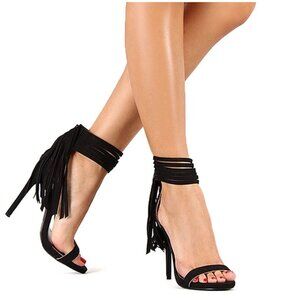 QUPID Black Suede Strappy Ankle Cuff Tassel Fringe Stiletto Heels Pumps *7 M*